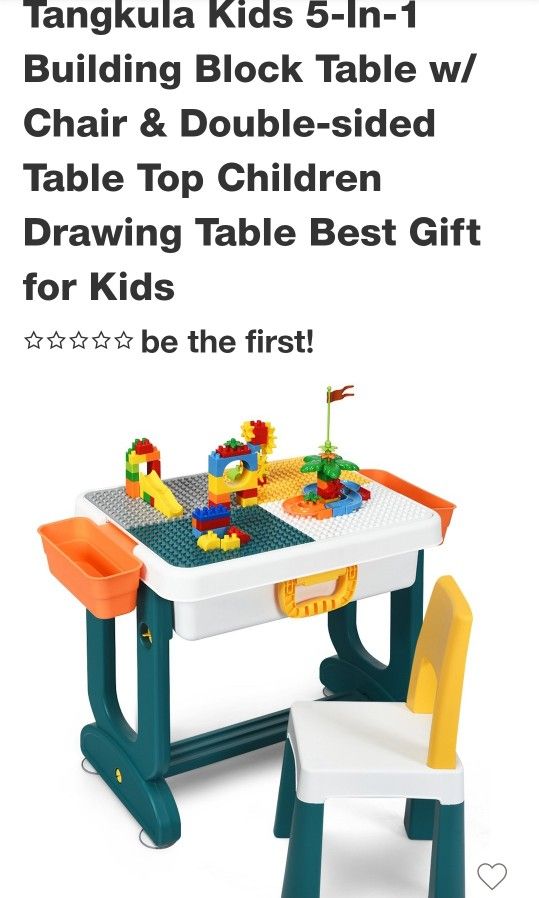 Tangkula Kids 5-In-1 Building Block Table w/Chair & Double-sided Table Top Children Drawing Table Best Gift for Kids