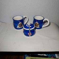 LEFTON Vintage Blue Nautical By The Sea Salt & Pepper Shakers  2 Coffee Mugs NEW