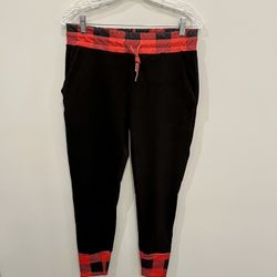Women’s Black Joggers with red/black buffalo print accents in size L & 2X, New
