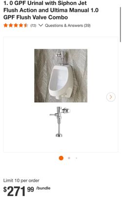 1. 0 GPF Urinal with Siphon Jet Flush Action and Ultima Manual 1.0 GPF Flush Valve Combo