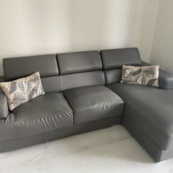 Beautiful And Elegant Gray Leather 2 Pieces L Shaped Sectional 