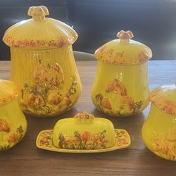 5 piece MCM mushroom canister and butter dish 3 piece ceramic MCM appetizer platter