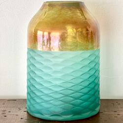 Glass Vase Or Decor 10” Tall Textured Translucent Aqua and Smooth Iridescent Gold