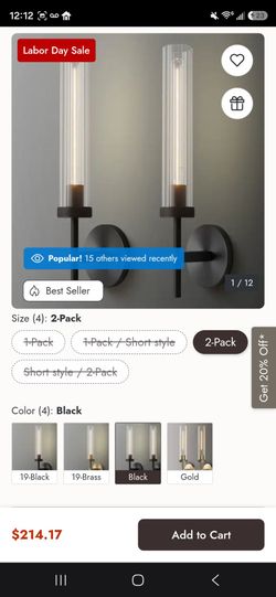 Black Wall Sconces with Glass Tube Shades, 2-Pack