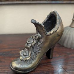 Vtg Solid Brass High Heel Boot Slipper Paperweight Flower Small Vase Heavy 4"