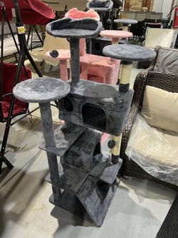 M-New 54in Cat Tree, Multi-Level Cat Tower with Spacious Kitten-ear Perch, 2 Cozy Caves, Scratching Posts, Climbing Ladder, 2 Plush Balls, Durable Pet