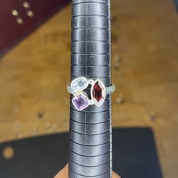 Sterling Silver Blue Topaz, Amethyst and Garnet Ring, Size 9 