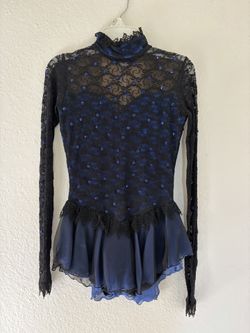 Blue With Black Lace Figure Skating Dress 
