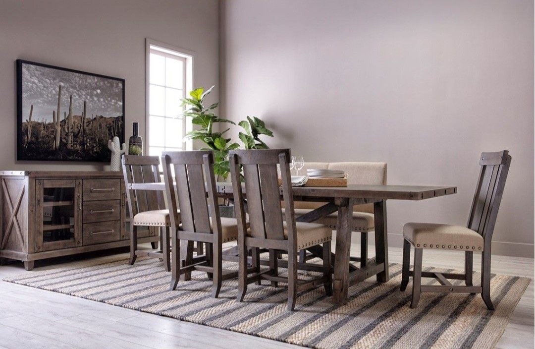 NEW Jaxon Grey 6 Piece Rectangle Extension Dining Set With Bench & Wood Chairs