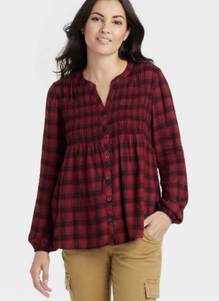 Knox Rose Babydoll Long Sleeve Button-Down Plaid Blouse Red/Black Size Small 