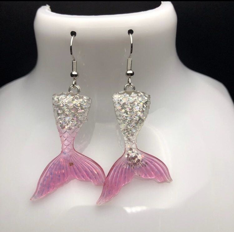 Pink Glitter Mermaid Tail Earrings