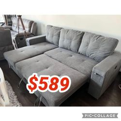 95"W Gray Woven Fabric Reversible Sleeper Sectional Sofa with Storage Chaise Cup Holder Charging Ports and Pockets