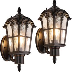 Outdoor Wall Light Fixtures, Black & Gold Exterior Waterproof Porch Lights, Vintage Outside Wall Sconces with Water Ripple Glass for House Front Door 