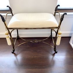 Ornate Metal Upholstered Vanity Stool 13Lx12Wx20H inches With 2 Tassels