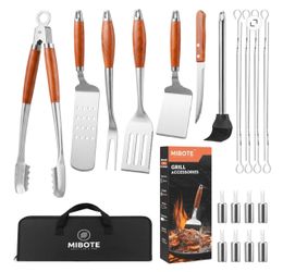 Mibote 20Pcs BBQ Grill Accessories Set, Heavy Duty Stainless Steel Grilling Tools Kit with Rosewood Handle, Carrying Bag