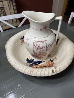 Antique Wash Pitcher & Bowl Set — Red Transferware Jug + Polychrome Basin