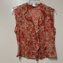 Women’s CALVIN KLEIN 100% Silk, Orange & Beige Cap Sleeve Button-Down Top Blouse Size 2