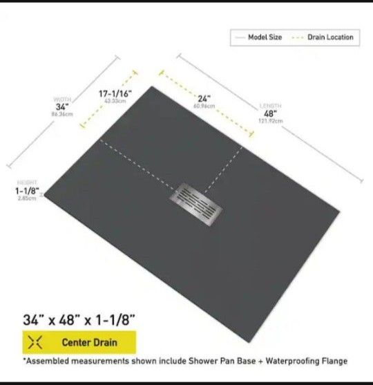 NIB CASTICO Graphite / Center Drain / Non Slip Shower Pan / 48x34