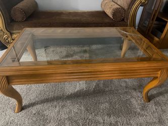 Vintage French Provincial Coffee Table – Glass Top, Carved Wood, Cabriole Legs