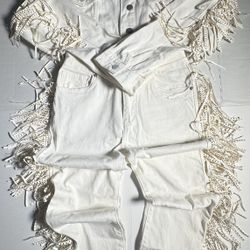 Pre Owned Defect Discolored Neck Waist Last 3 Photos American Bazi  Western  Denim  Fringe  Jacket & Pants Set  Women  Size Medium 