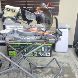 NEW RIDGID 12" DUAL BEVELED SLIDING MITER SAW ON ROLLING STAND 300$ FOR 