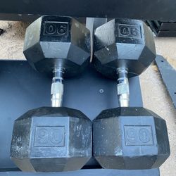 90lb Hex Rubber Dumbbell Set Weights 