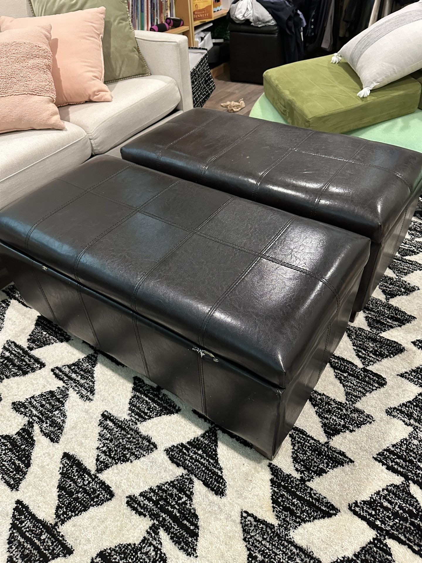 Set of 4 Black Faux Leather Storage Ottomans