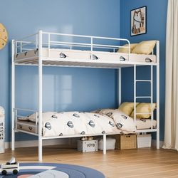 New Heavy Duty  Metal Bunk Bed Twin Over Twin Heavy Duty Bed Frame with Safety Guard Rails & Flat Ladder for Kids Teens Adults, White  New in box g666