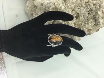 925 STER Silver & Gold Tone Tiger’s Eye Filigree Ring