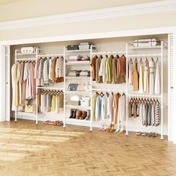 H5 Wall Mounted Closet System, Industrial Pipe Clothes Racks Clothing Rack with 4 Telescopic Rods & 3 Fixing Rods & 9 Shelves, Heavy Duty Closet Organ