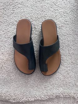 Black Flat Slide Sandals with Tan Footbed