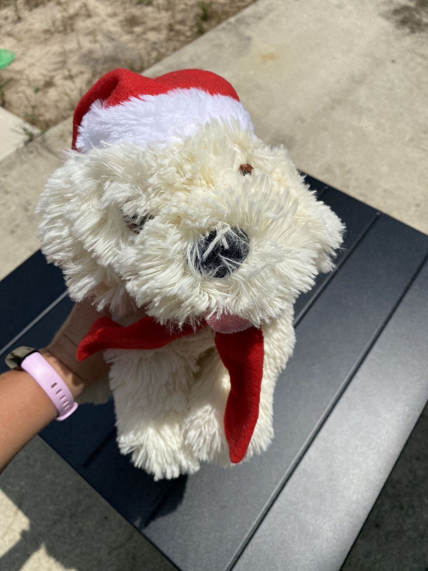 Cream white dog with Santa hat and red scarf plush stuffed animal
