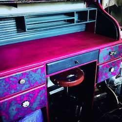 FABULOUS  (Hand Painted) Edgy/Eclectic Hot Pink & Teal Artists/Craft Funkified Vintage Roll Top Secretary Desk