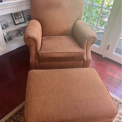 Ethan Allen upholstered chair ottoman cushioned roll back, roll back arms red autumn rust Kensington