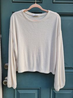 Double Zero Women's Large Ivory Soft Knit Balloon Sleeve Pullover Sweater