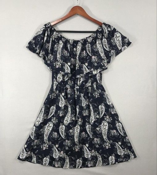 Lush Dress Women's Size Small Navy Floral Paisley Pattern Off the Shoulder MiniWomen's Small. Navy with floral and paisley pattern. Gently Used. No ri