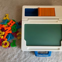 Vintage Fisher Price School Days Rolltop Play Desk Chalkboard with Magnetic Letters 1990