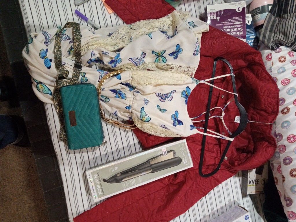 New Straightener, Large Jacket (Used), Size Small Dress(Used), Wrangler Wallet (Used)