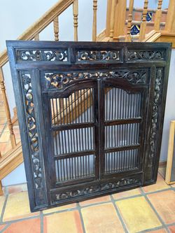 Antique Carved Wood Window Panel with Lattice Doors