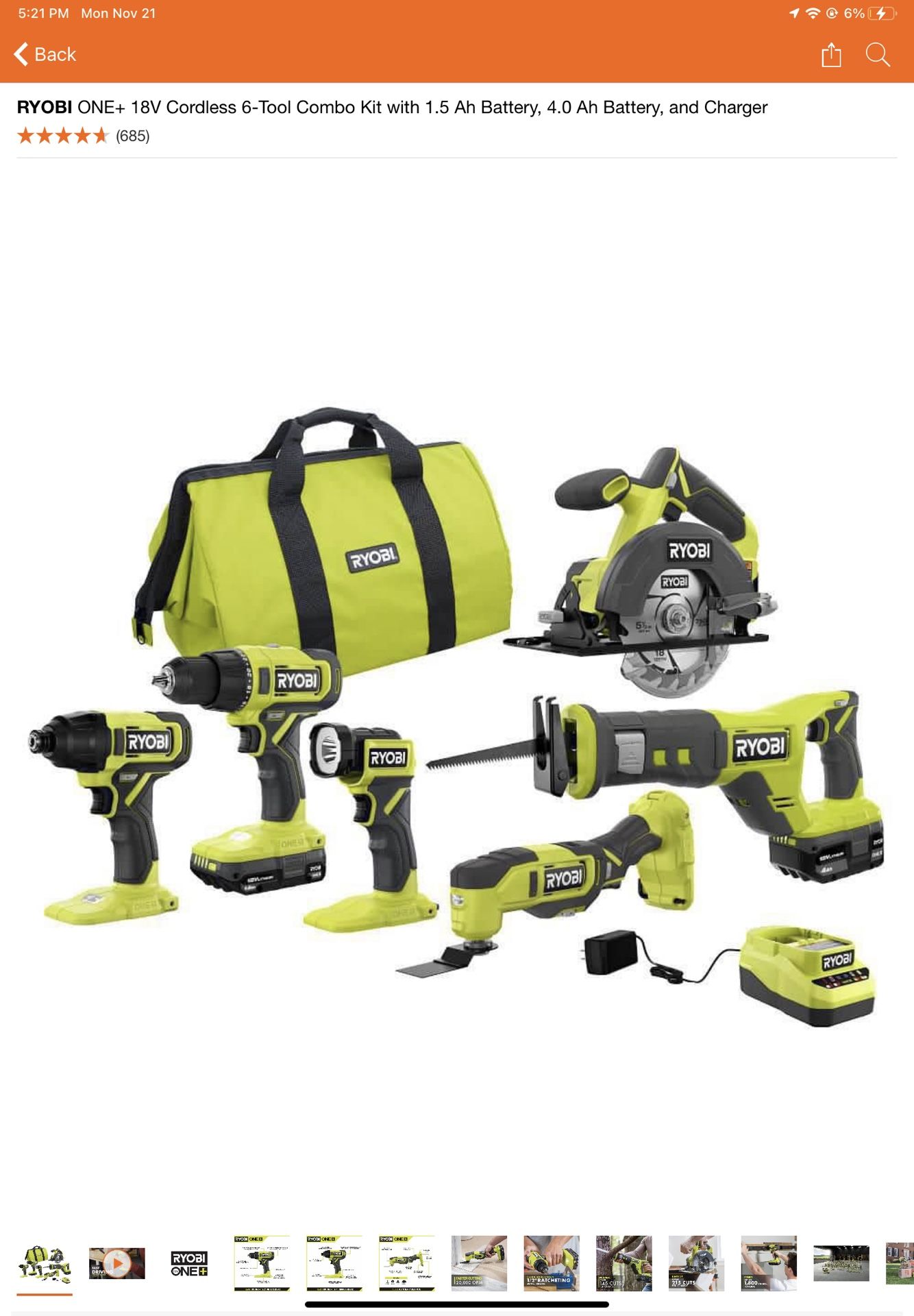 RYOBI ONE+ 18V Cordless 6-Tool Combo Kit with 1.5 Ah Battery, 4.0