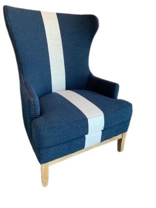 New Tommy Hilfiger Wing Chair 32”W x 33”D x 46”H/19”H seat - upholstered in a soft yet durable blue and cream linen blend fabric white washed wooden l