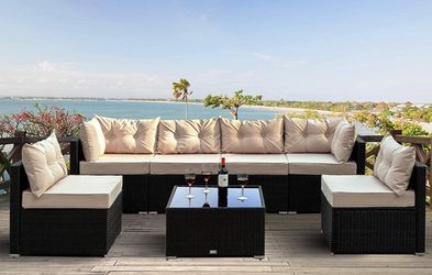 Brand new 7 Pieces Patio PE Rattan Sofa Chair Set Outdoor Sectional Furniture Black Wicker Conversation Set with Tan Cushions Covers and Tea Table