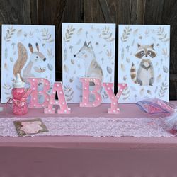 Pink “BABY” Letters + Woodland Canvas Set + Table Decor