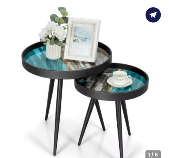 Set of 2 Coffee Table Stylish Nesting End Tables w/ Wooden Tray Top & Steel Legs