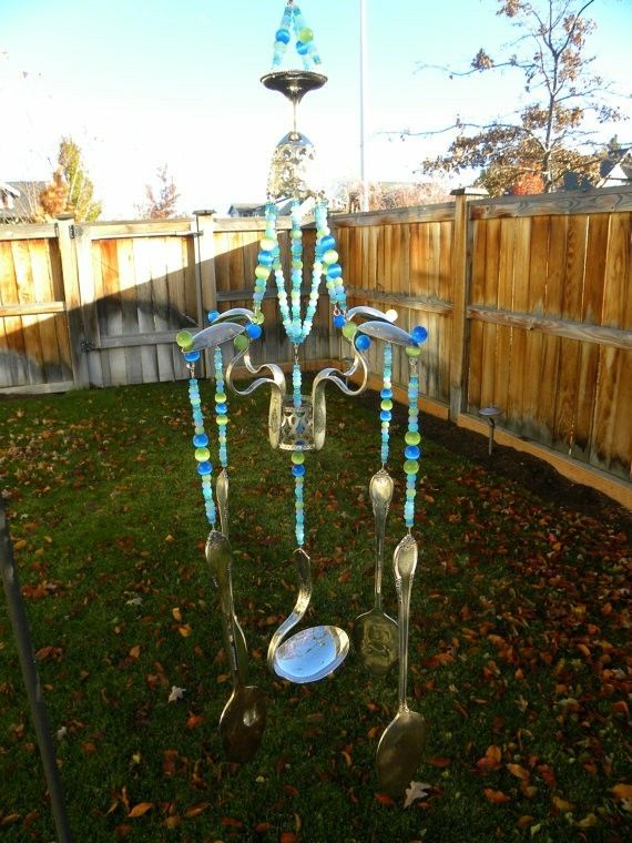 Spoon wind chime - silverware windchime - funky garden art - repurposed garden decor - upcycled - pastel wind chime - beaded chime - patio