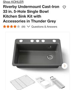 KOHLER Riverby Undermount Cast-Iron 33 in. 5-Hole Single Bowl Kitchen Sink Kit with Accessories in Thunder Grey