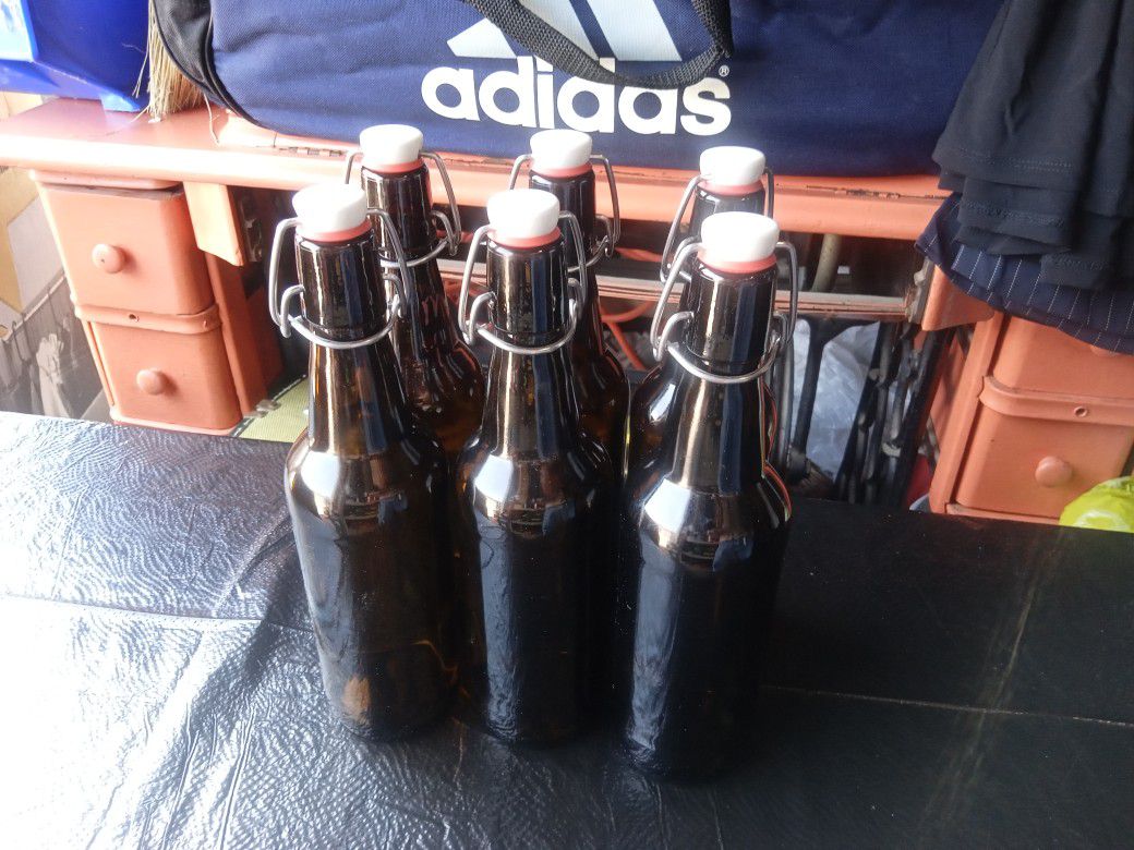 Six Vintage Beer Bottles Clasp Top Brown Glass