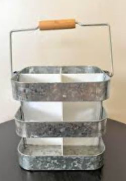  Galvanized Farmhouse Divided Organizer Wine Caddy Wood Handle White Divider  NEW