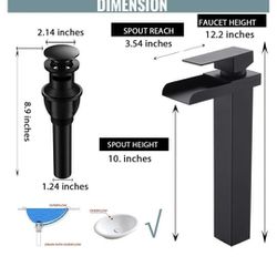 Black Bathroom Sink Faucet, Matte Black Tall Vessel Sink Faucet, Single Handle One Hole Water Fall Faucet Lavatory Vanity Sink Faucet with Pop-up Drai