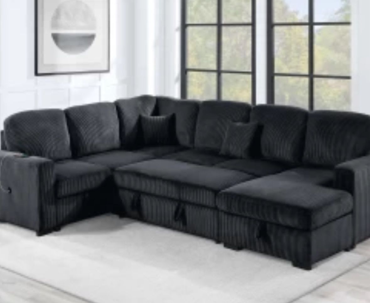 $649-4Piece Convertible Sectional Sleeper Sofa ,Chaise Storage ,Sofa Storage & USB Ports 98” x 103” x 61” x36”H